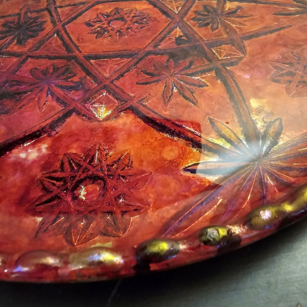 HANDCRAFTED Upcycled Deep Etched Glass Platter HANDPAINTED Tabletop ART Decor - Picture 11 of 17